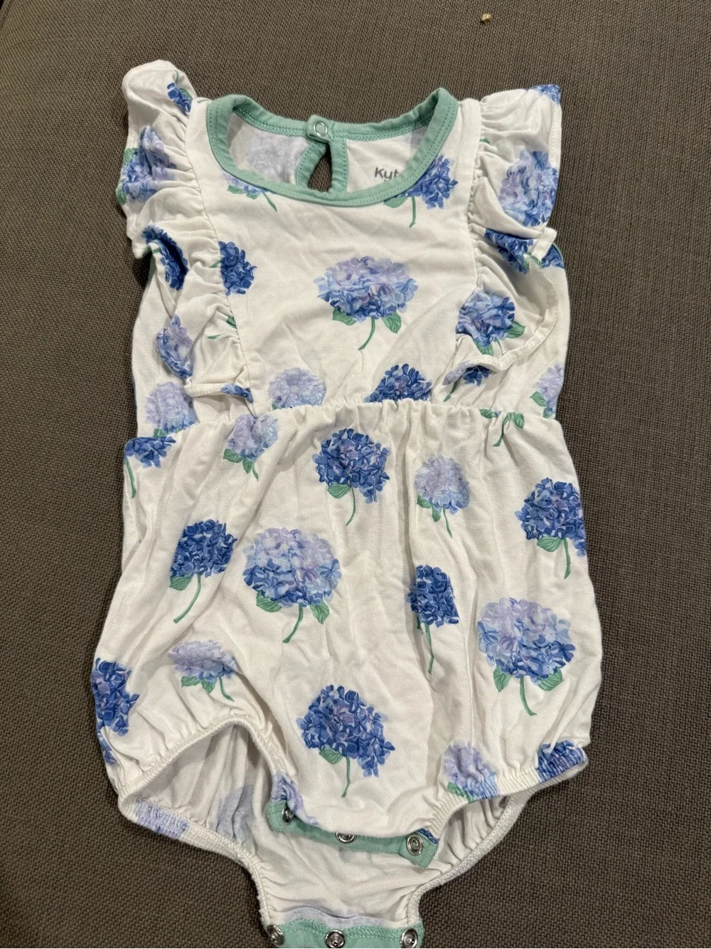 Kyte BABY White Romper with Blue Hydrangea and Mint Trim